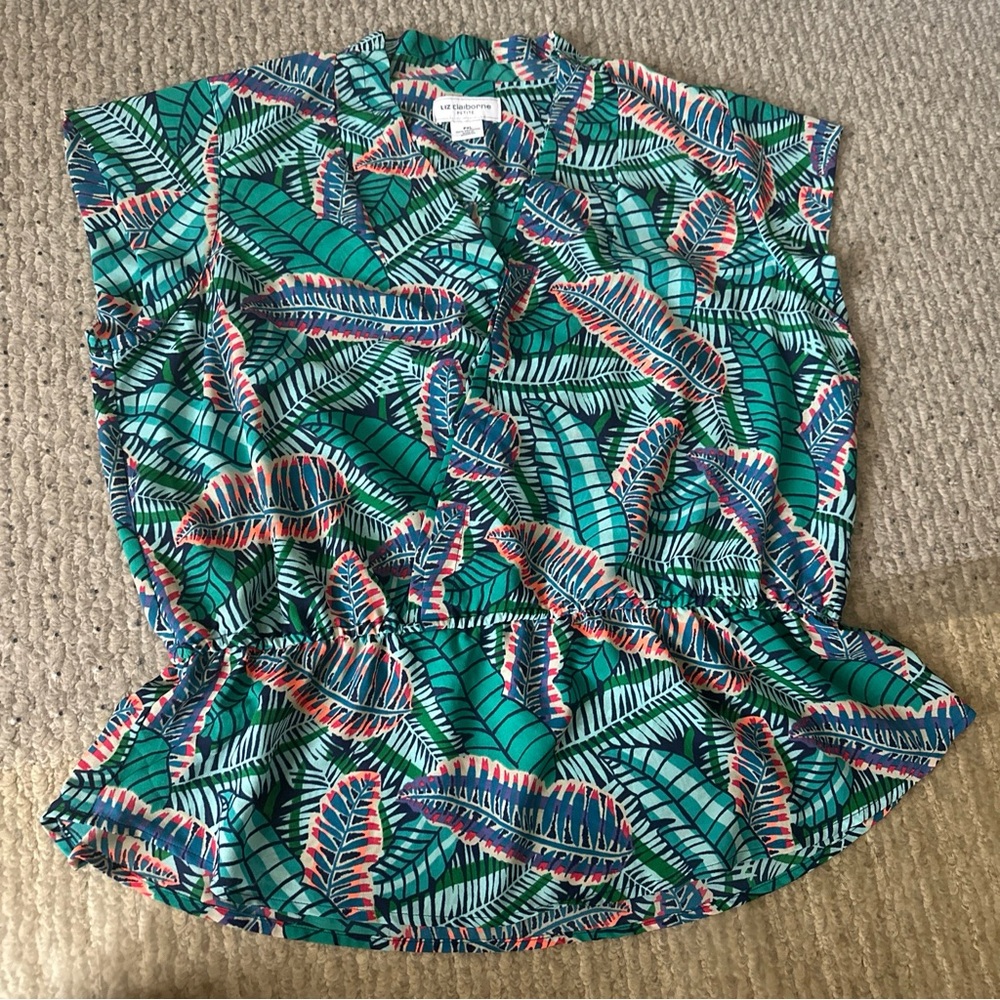 Liz Claiborne Petite Blue Green Tropical V Neck Cap Sleeve Poly Top Size PXL